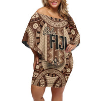 Bula Fiji Vintage Family Matching Off Shoulder Short Dress and Hawaiian Shirt Brown Masi Motifs LT7 Mom's Dress Brown - Polynesian Pride