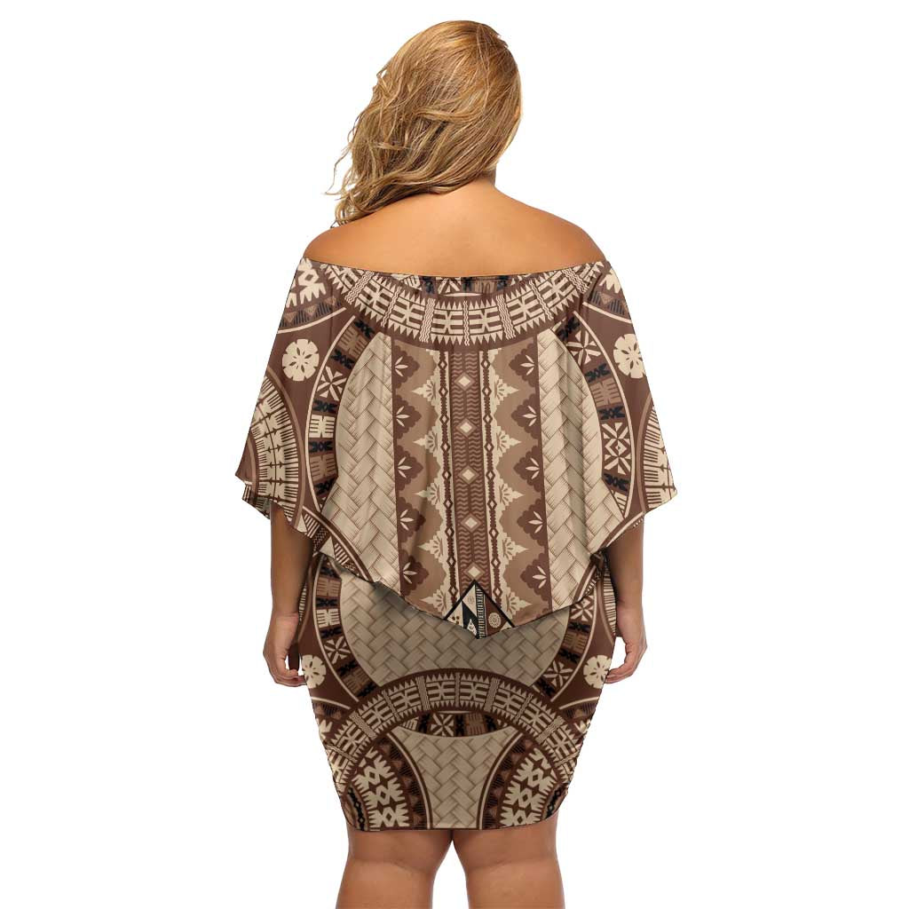 Bula Fiji Vintage Family Matching Off Shoulder Short Dress and Hawaiian Shirt Brown Masi Motifs LT7 - Polynesian Pride