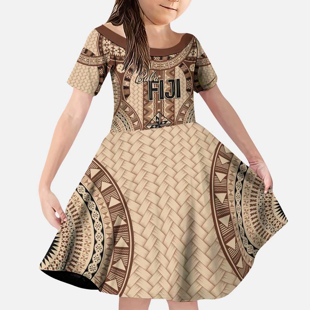 Bula Fiji Vintage Family Matching Puletasi and Hawaiian Shirt Brown Masi Motifs LT7 Daughter's Dress Brown - Polynesian Pride