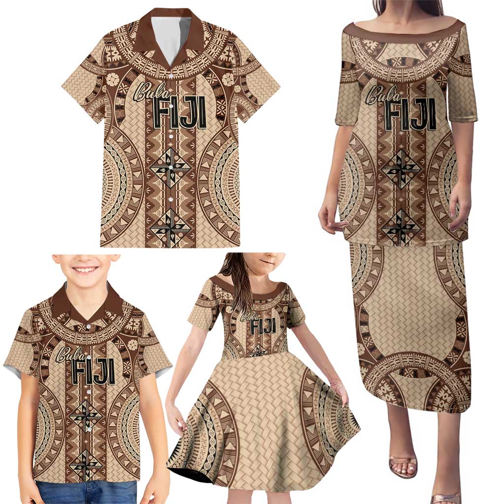 Bula Fiji Vintage Family Matching Puletasi and Hawaiian Shirt Brown Masi Motifs LT7 - Polynesian Pride