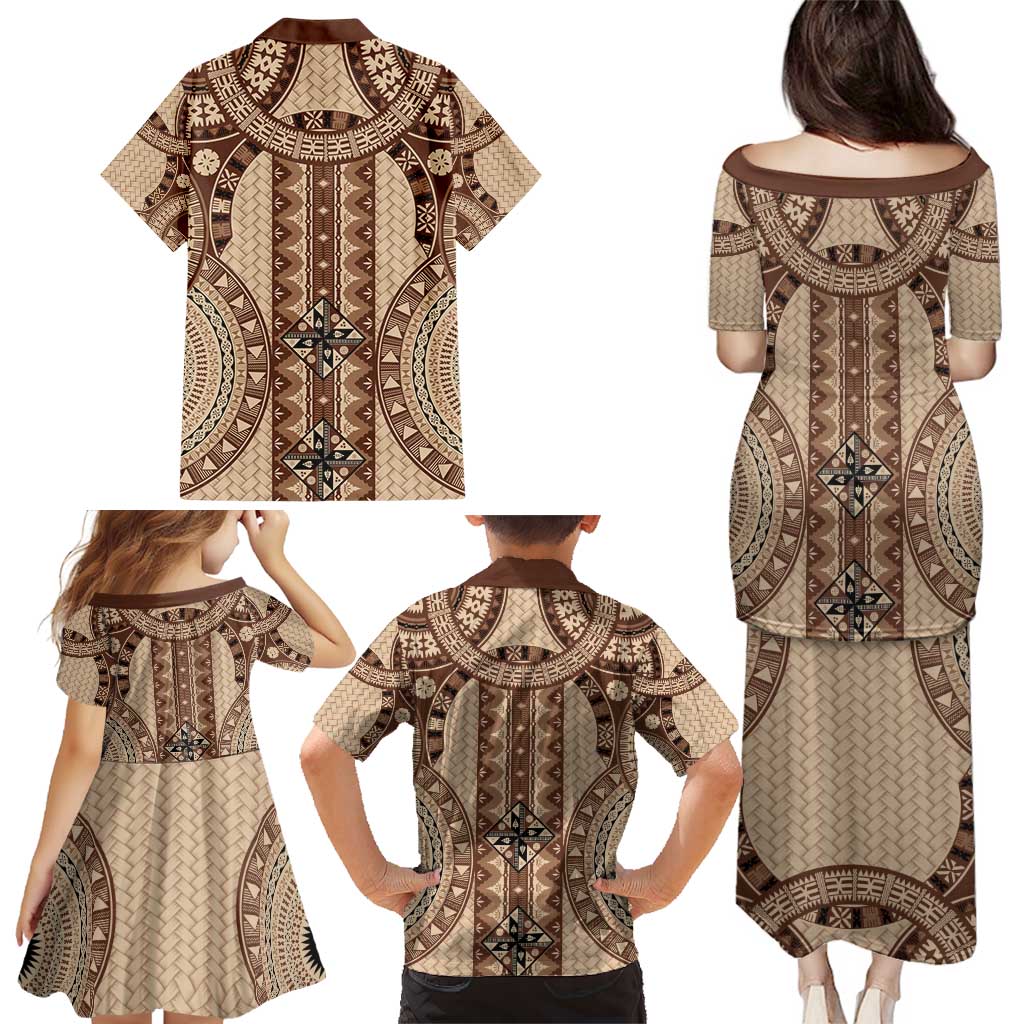 Bula Fiji Vintage Family Matching Puletasi and Hawaiian Shirt Brown Masi Motifs LT7 - Polynesian Pride