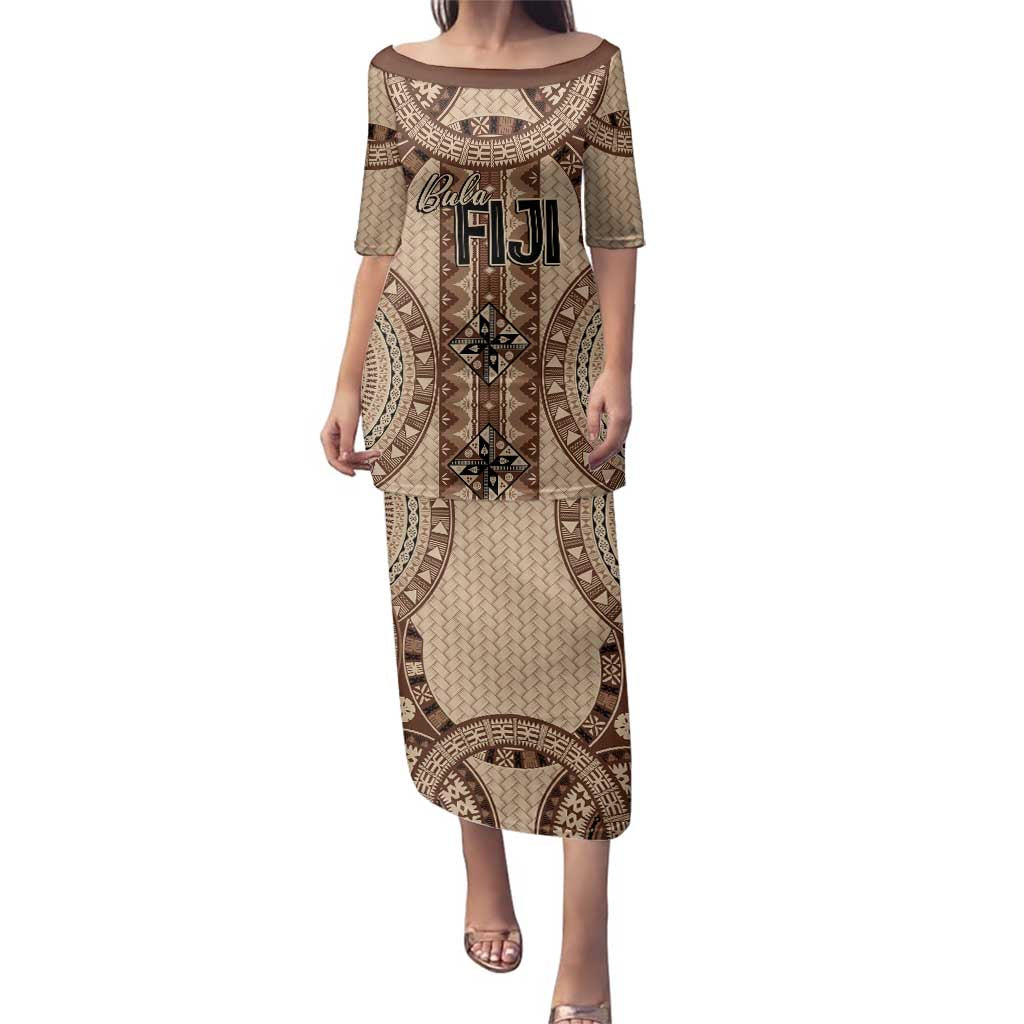 Bula Fiji Vintage Family Matching Puletasi and Hawaiian Shirt Brown Masi Motifs LT7 Mom's Dress Brown - Polynesian Pride