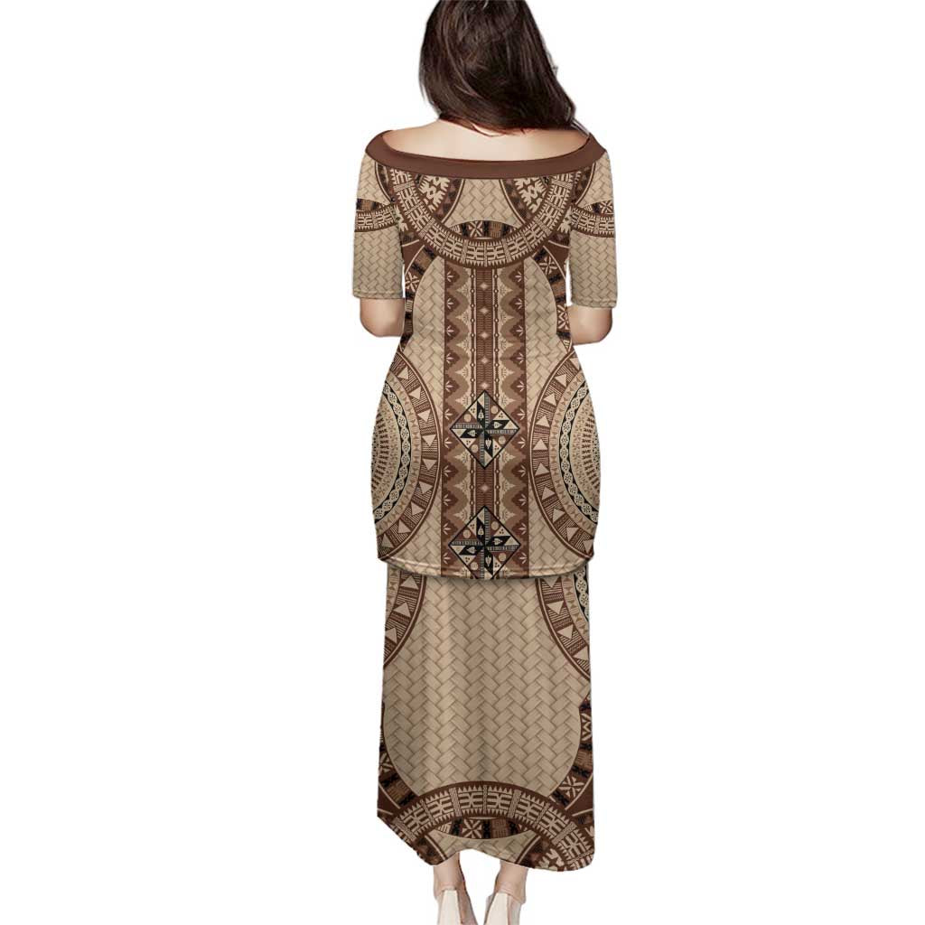Bula Fiji Vintage Family Matching Puletasi and Hawaiian Shirt Brown Masi Motifs LT7 - Polynesian Pride