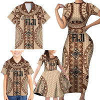 Bula Fiji Vintage Family Matching Short Sleeve Bodycon Dress and Hawaiian Shirt Brown Masi Motifs LT7 - Polynesian Pride