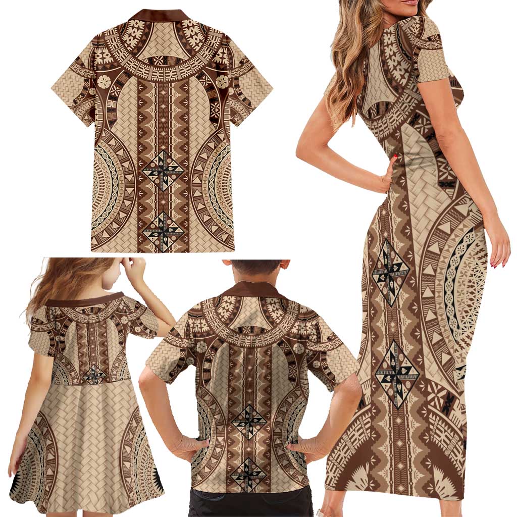 Bula Fiji Vintage Family Matching Short Sleeve Bodycon Dress and Hawaiian Shirt Brown Masi Motifs LT7 - Polynesian Pride