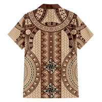 Bula Fiji Vintage Family Matching Short Sleeve Bodycon Dress and Hawaiian Shirt Brown Masi Motifs LT7 - Polynesian Pride