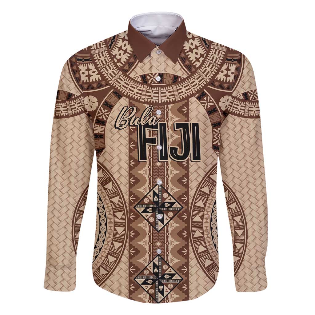 Bula Fiji Vintage Family Matching Short Sleeve Bodycon Dress and Hawaiian Shirt Brown Masi Motifs LT7 Dad's Shirt - Long Sleeve Brown - Polynesian Pride