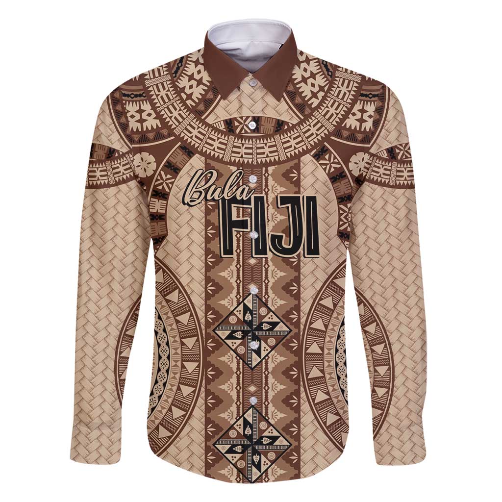Bula Fiji Vintage Family Matching Summer Maxi Dress and Hawaiian Shirt Brown Masi Motifs LT7 Dad's Shirt - Long Sleeve Brown - Polynesian Pride
