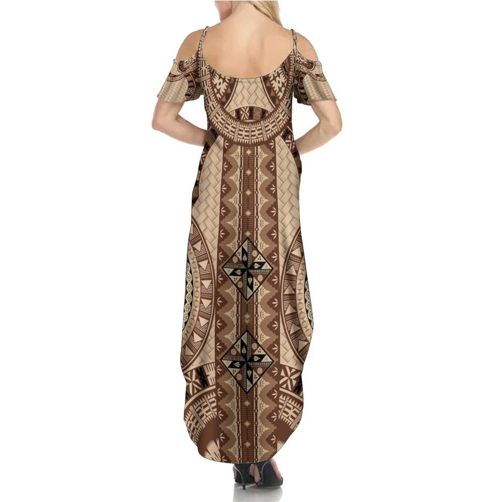 Bula Fiji Vintage Family Matching Summer Maxi Dress and Hawaiian Shirt Brown Masi Motifs LT7 - Polynesian Pride