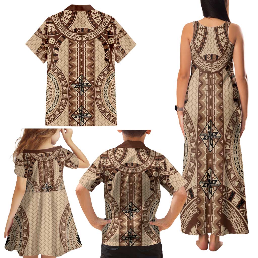Bula Fiji Vintage Family Matching Tank Maxi Dress and Hawaiian Shirt Brown Masi Motifs LT7 - Polynesian Pride
