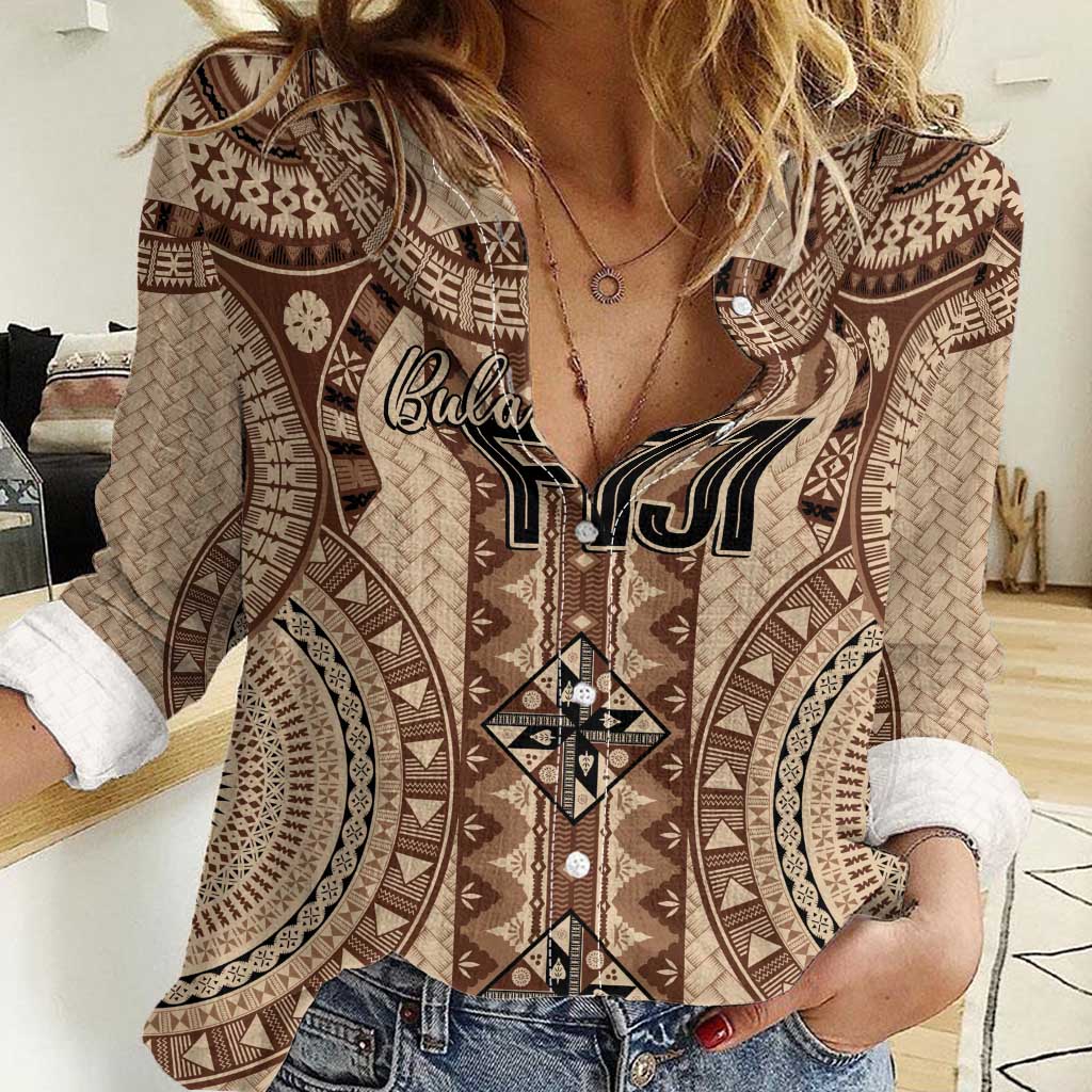 Bula Fiji Vintage Women Casual Shirt Brown Masi Motifs LT7 Female Brown - Polynesian Pride