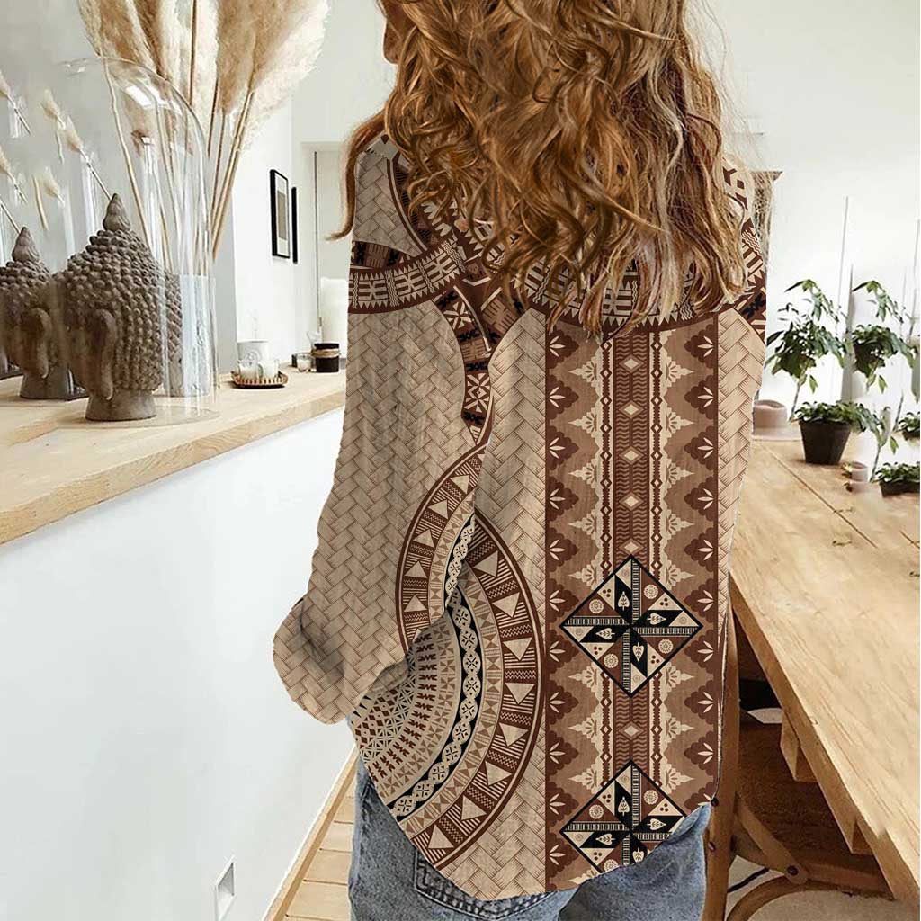 Bula Fiji Vintage Women Casual Shirt Brown Masi Motifs LT7 - Polynesian Pride