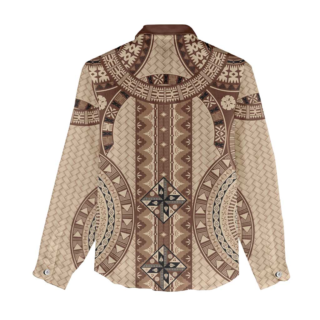 Bula Fiji Vintage Women Casual Shirt Brown Masi Motifs LT7 - Polynesian Pride
