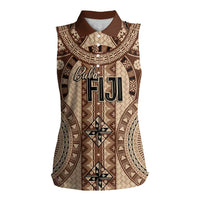 Bula Fiji Vintage Women Sleeveless Polo Shirt Brown Masi Motifs LT7 Female Brown - Polynesian Pride