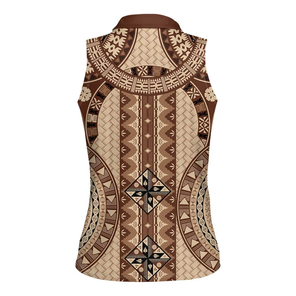 Bula Fiji Vintage Women Sleeveless Polo Shirt Brown Masi Motifs LT7 - Polynesian Pride