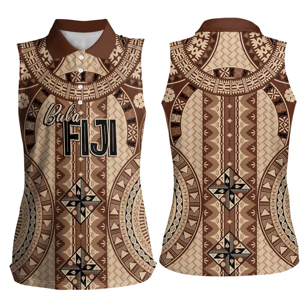 Bula Fiji Vintage Women Sleeveless Polo Shirt Brown Masi Motifs LT7 - Polynesian Pride