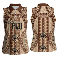 Bula Fiji Vintage Women Sleeveless Polo Shirt Brown Masi Motifs LT7 - Polynesian Pride