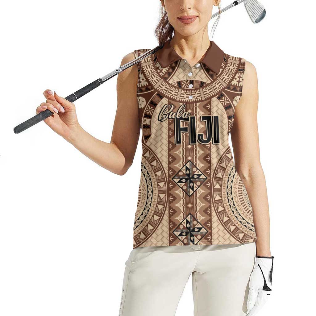 Bula Fiji Vintage Women Sleeveless Polo Shirt Brown Masi Motifs LT7 - Polynesian Pride