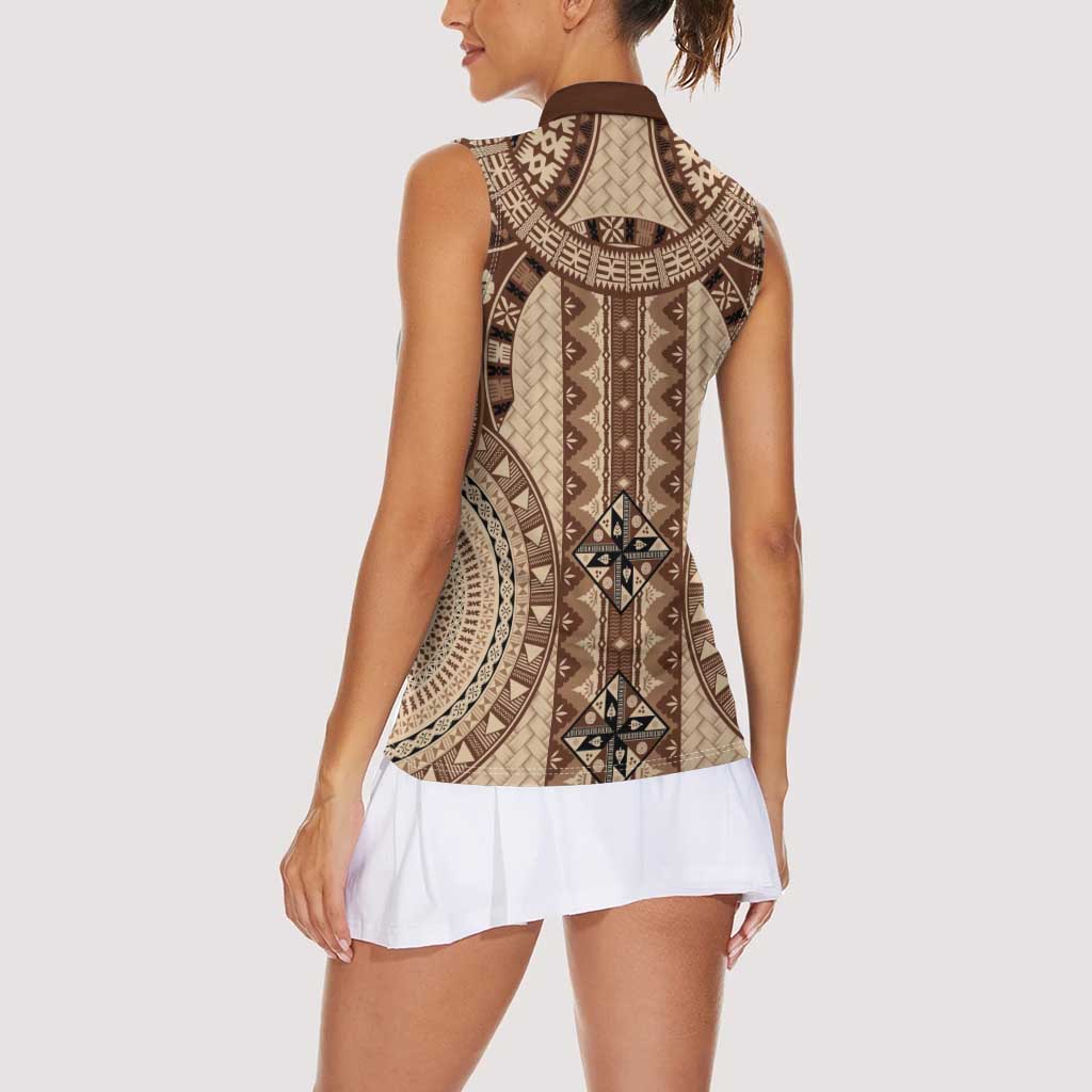 Bula Fiji Vintage Women Sleeveless Polo Shirt Brown Masi Motifs LT7 - Polynesian Pride
