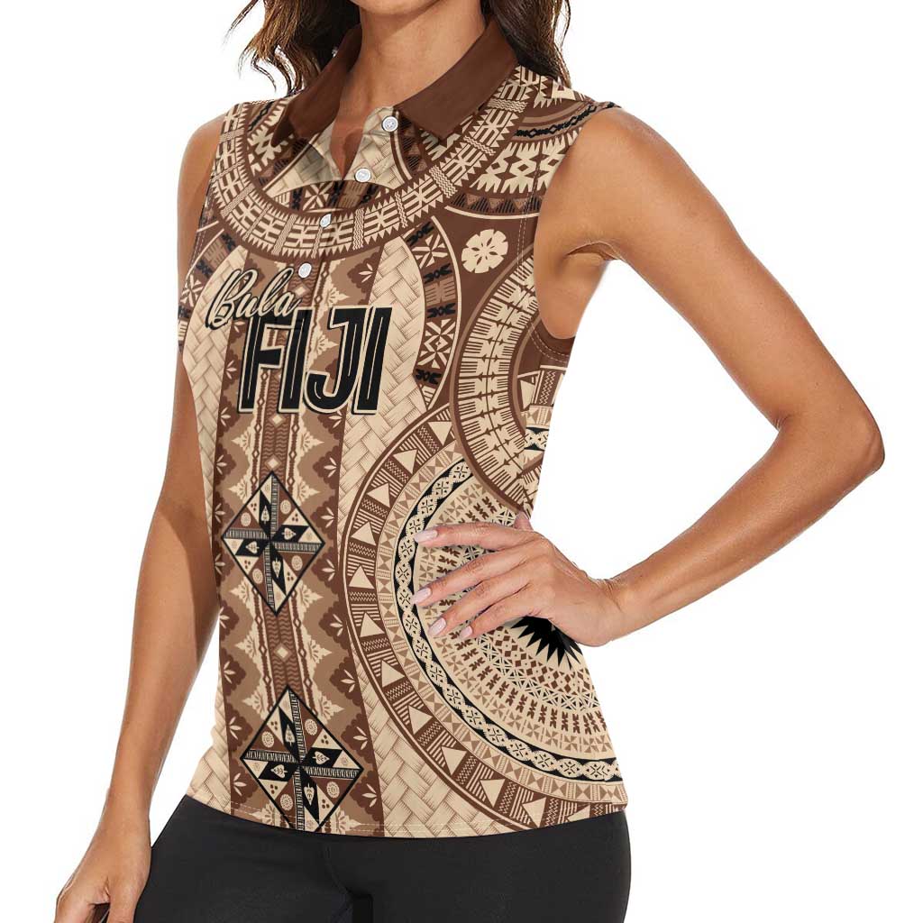 Bula Fiji Vintage Women Sleeveless Polo Shirt Brown Masi Motifs LT7 - Polynesian Pride