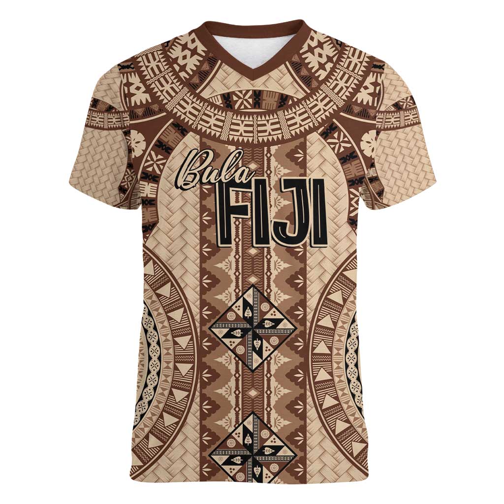 Bula Fiji Vintage Women V-Neck T-Shirt Brown Masi Motifs LT7 Female Brown - Polynesian Pride