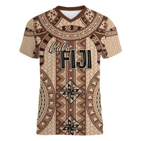 Bula Fiji Vintage Women V-Neck T-Shirt Brown Masi Motifs LT7 Female Brown - Polynesian Pride