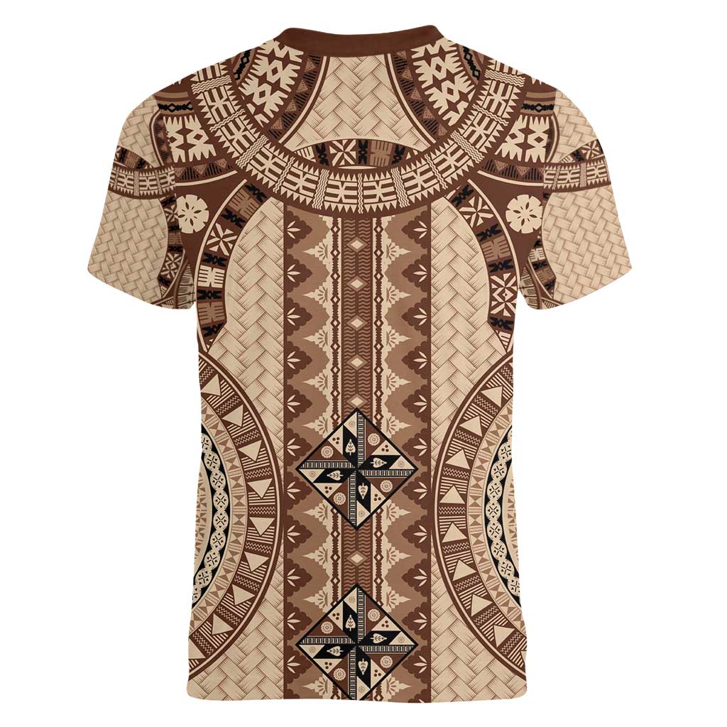 Bula Fiji Vintage Women V-Neck T-Shirt Brown Masi Motifs LT7 - Polynesian Pride