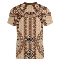 Bula Fiji Vintage Women V-Neck T-Shirt Brown Masi Motifs LT7 - Polynesian Pride