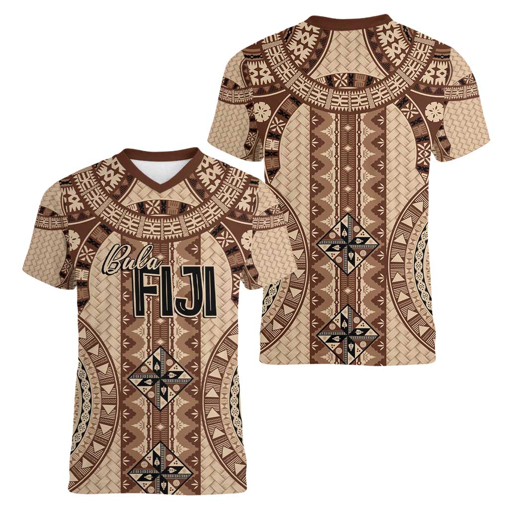 Bula Fiji Vintage Women V-Neck T-Shirt Brown Masi Motifs LT7 - Polynesian Pride