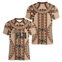 Bula Fiji Vintage Women V-Neck T-Shirt Brown Masi Motifs LT7 - Polynesian Pride