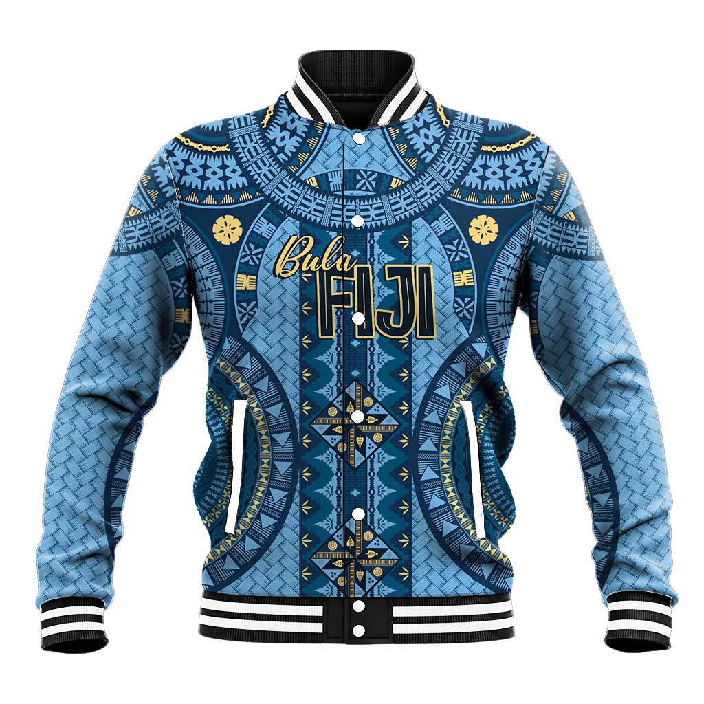 Bula Fiji Vintage Baseball Jacket Prussian Blue Masi Motifs LT7 Unisex Prussian Blue - Polynesian Pride