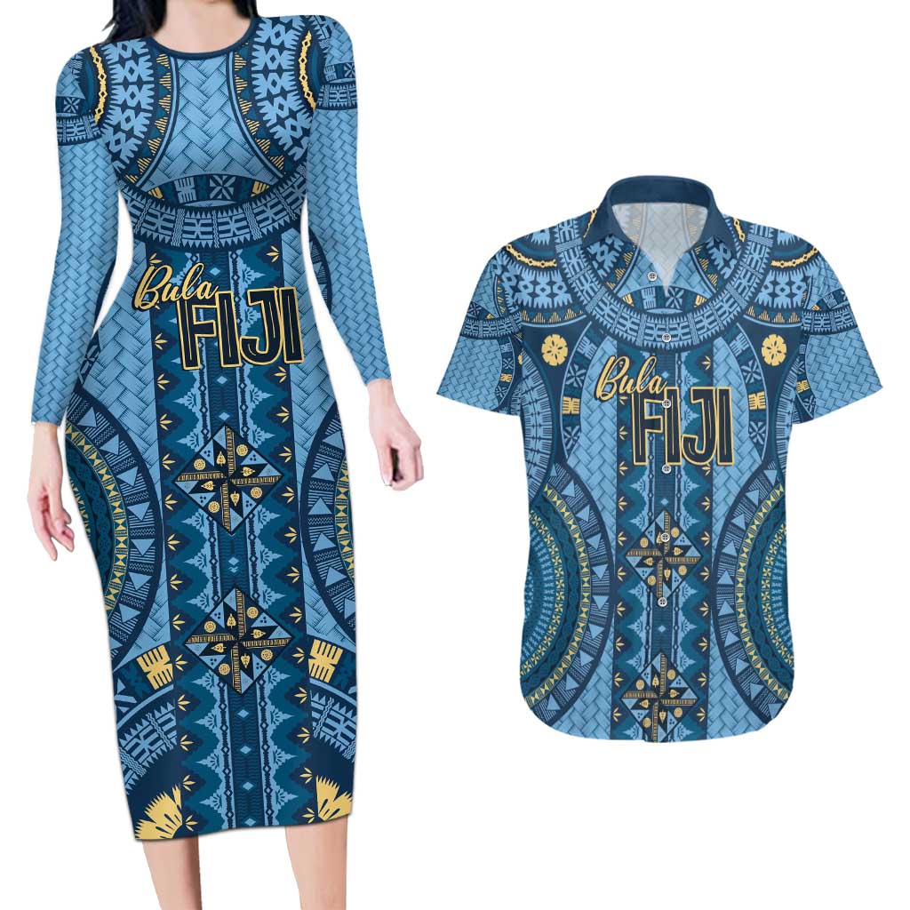 Bula Fiji Vintage Couples Matching Long Sleeve Bodycon Dress and Hawaiian Shirt Prussian Blue Masi Motifs LT7 Prussian Blue - Polynesian Pride