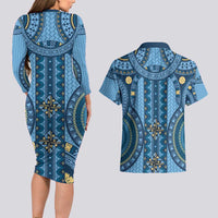 Bula Fiji Vintage Couples Matching Long Sleeve Bodycon Dress and Hawaiian Shirt Prussian Blue Masi Motifs LT7 - Polynesian Pride