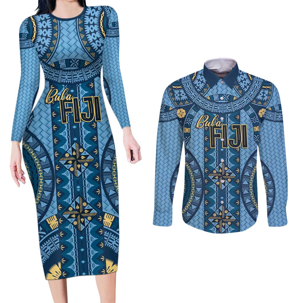 Bula Fiji Vintage Couples Matching Long Sleeve Bodycon Dress and Long Sleeve Button Shirt Prussian Blue Masi Motifs LT7 Prussian Blue - Polynesian Pride
