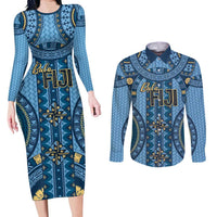 Bula Fiji Vintage Couples Matching Long Sleeve Bodycon Dress and Long Sleeve Button Shirt Prussian Blue Masi Motifs LT7 Prussian Blue - Polynesian Pride