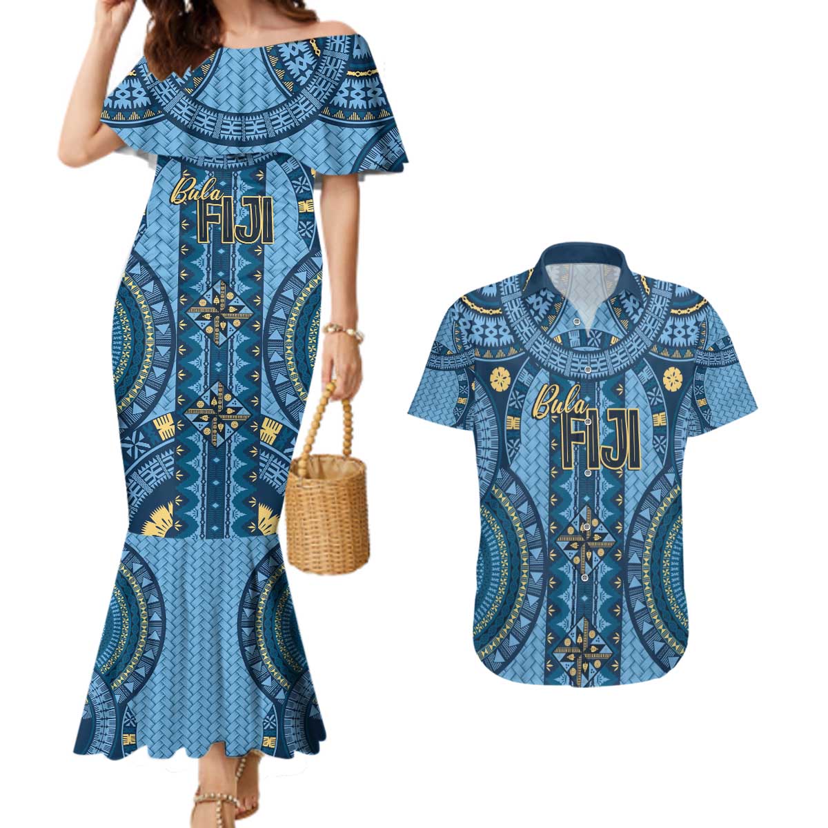 Bula Fiji Vintage Couples Matching Mermaid Dress and Hawaiian Shirt Prussian Blue Masi Motifs LT7 Prussian Blue - Polynesian Pride