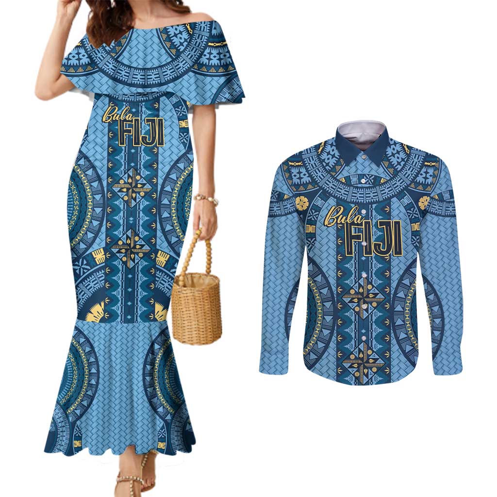 Bula Fiji Vintage Couples Matching Mermaid Dress and Long Sleeve Button Shirt Prussian Blue Masi Motifs