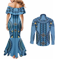 Bula Fiji Vintage Couples Matching Mermaid Dress and Long Sleeve Button Shirt Prussian Blue Masi Motifs LT7 - Polynesian Pride
