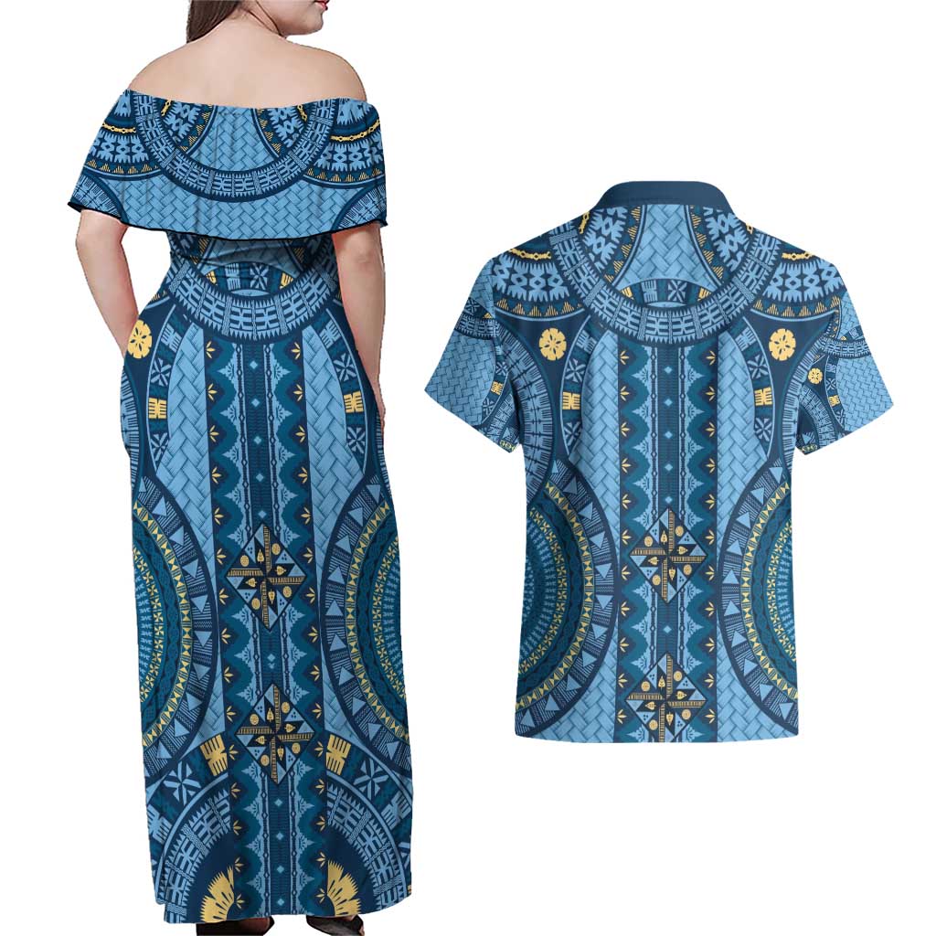 Bula Fiji Vintage Couples Matching Off Shoulder Maxi Dress and Hawaiian Shirt Prussian Blue Masi Motifs LT7 - Polynesian Pride
