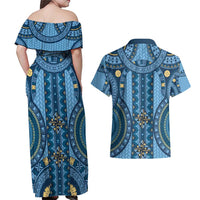 Bula Fiji Vintage Couples Matching Off Shoulder Maxi Dress and Hawaiian Shirt Prussian Blue Masi Motifs LT7 - Polynesian Pride