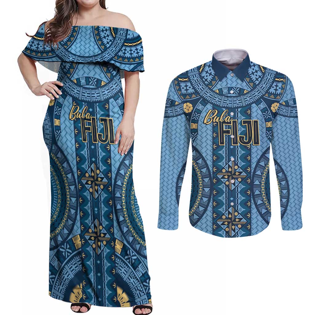 Bula Fiji Vintage Couples Matching Off Shoulder Maxi Dress and Long Sleeve Button Shirt Prussian Blue Masi Motifs LT7 Prussian Blue - Polynesian Pride