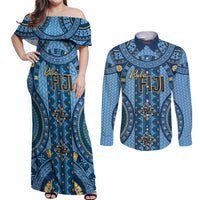 Bula Fiji Vintage Couples Matching Off Shoulder Maxi Dress and Long Sleeve Button Shirt Prussian Blue Masi Motifs LT7 Prussian Blue - Polynesian Pride