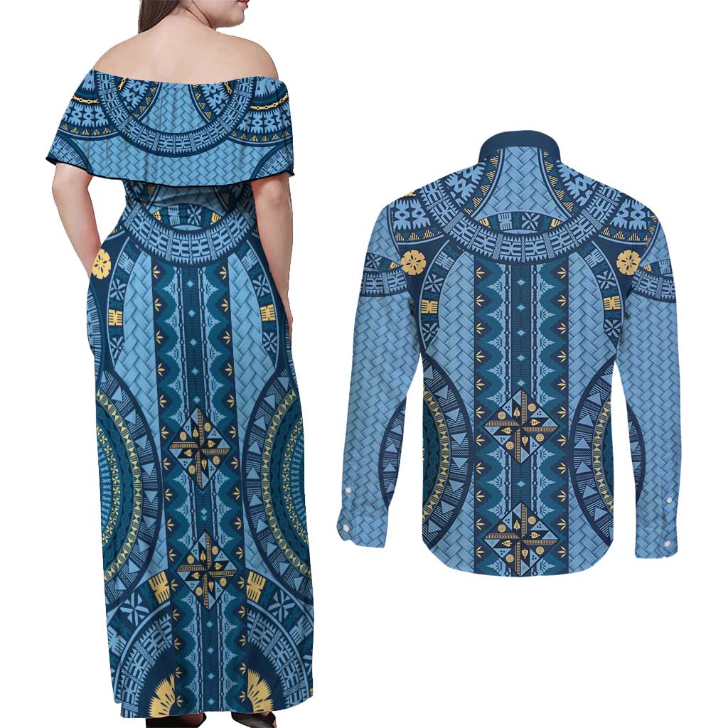 Bula Fiji Vintage Couples Matching Off Shoulder Maxi Dress and Long Sleeve Button Shirt Prussian Blue Masi Motifs LT7 - Polynesian Pride