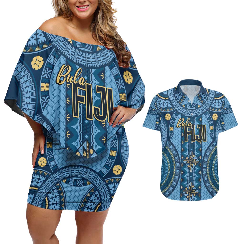 Bula Fiji Vintage Couples Matching Off Shoulder Short Dress and Hawaiian Shirt Prussian Blue Masi Motifs LT7 Prussian Blue - Polynesian Pride