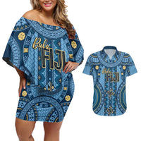 Bula Fiji Vintage Couples Matching Off Shoulder Short Dress and Hawaiian Shirt Prussian Blue Masi Motifs LT7 Prussian Blue - Polynesian Pride