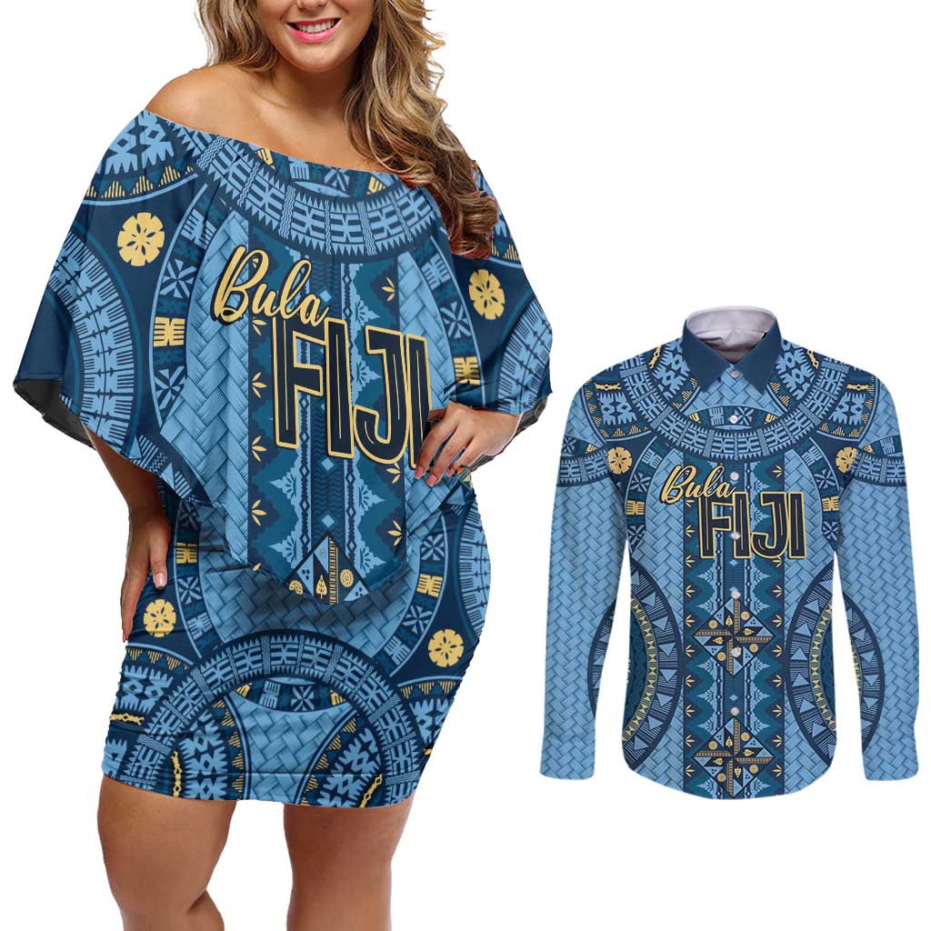 Bula Fiji Vintage Couples Matching Off Shoulder Short Dress and Long Sleeve Button Shirt Prussian Blue Masi Motifs LT7 Prussian Blue - Polynesian Pride