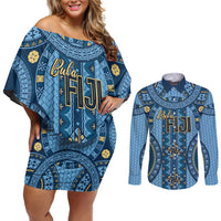 Bula Fiji Vintage Couples Matching Off Shoulder Short Dress and Long Sleeve Button Shirt Prussian Blue Masi Motifs LT7 Prussian Blue - Polynesian Pride