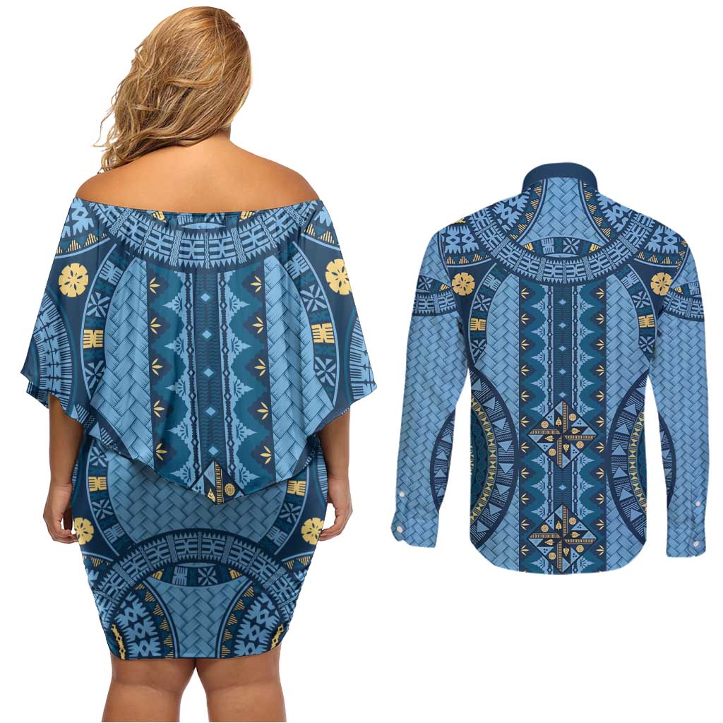 Bula Fiji Vintage Couples Matching Off Shoulder Short Dress and Long Sleeve Button Shirt Prussian Blue Masi Motifs LT7 - Polynesian Pride