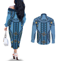 Bula Fiji Vintage Couples Matching Off The Shoulder Long Sleeve Dress and Long Sleeve Button Shirt Prussian Blue Masi Motifs LT7 - Polynesian Pride