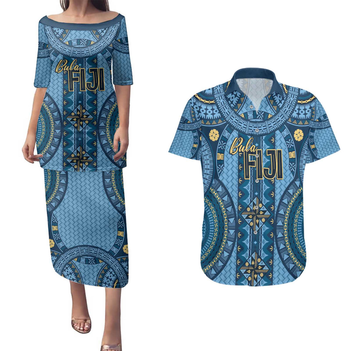 Bula Fiji Vintage Couples Matching Puletasi and Hawaiian Shirt Prussian Blue Masi Motifs LT7 Prussian Blue - Polynesian Pride